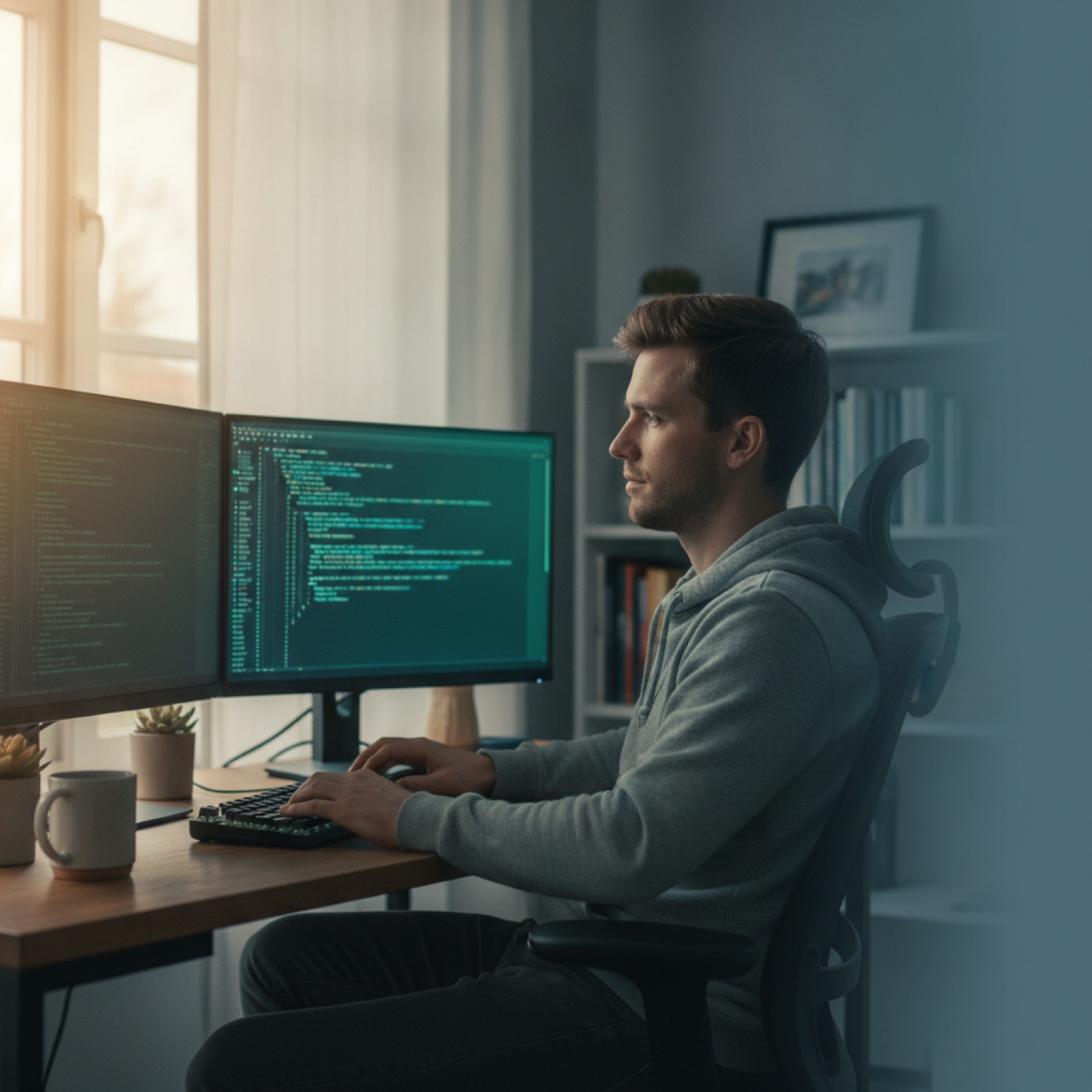 Software developer transitioning into AI code evaluation work on a laptop
