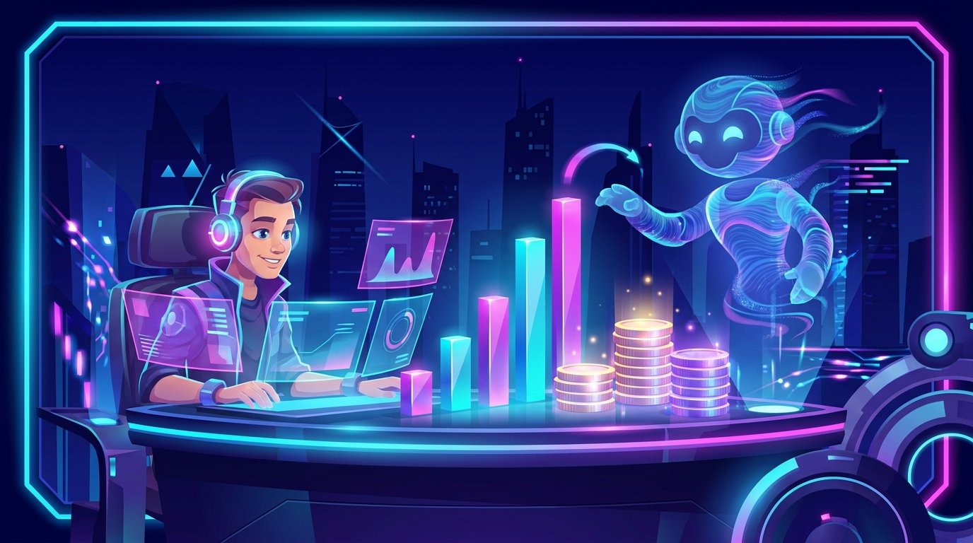 Person reviewing rising earnings charts at a neon desk