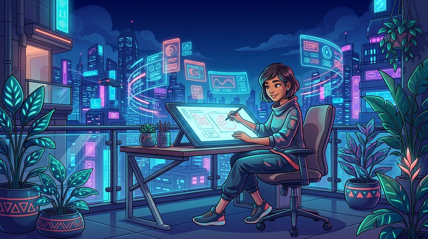 Person balancing AI side work with a full-time job at home in the evening