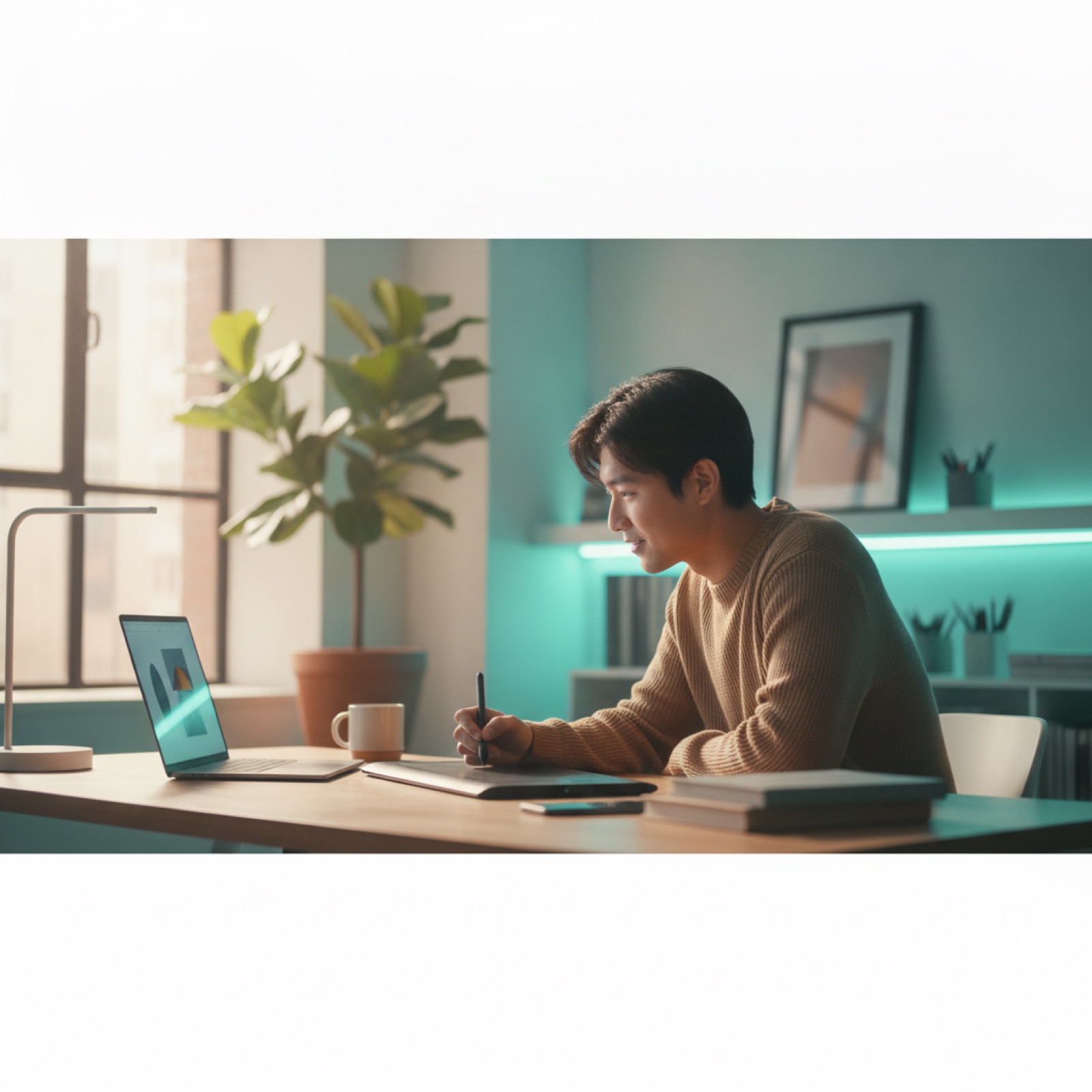 Designer evaluating AI-generated visuals and brand output on a laptop