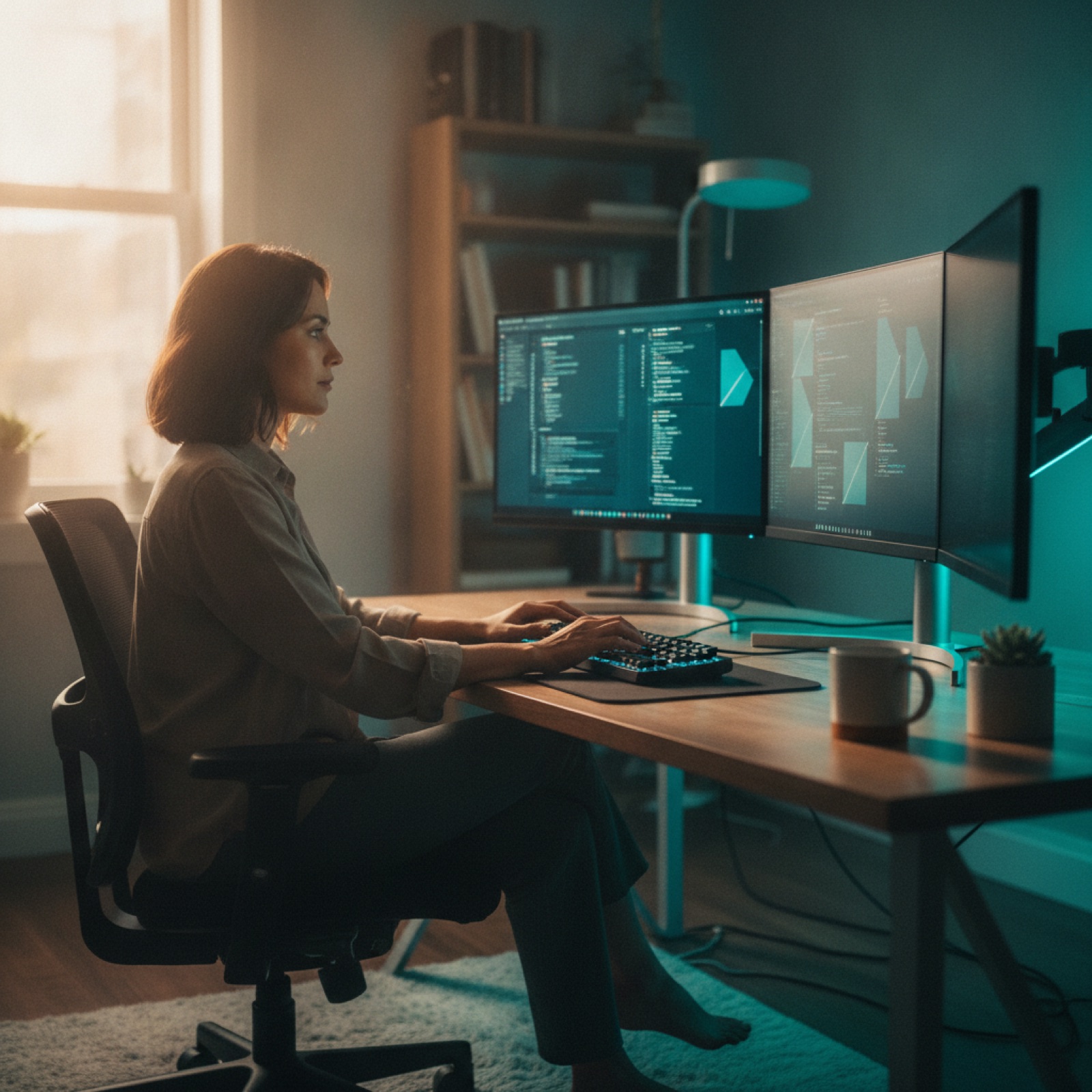 Robotics engineer evaluating embodied AI behavior remotely on a laptop