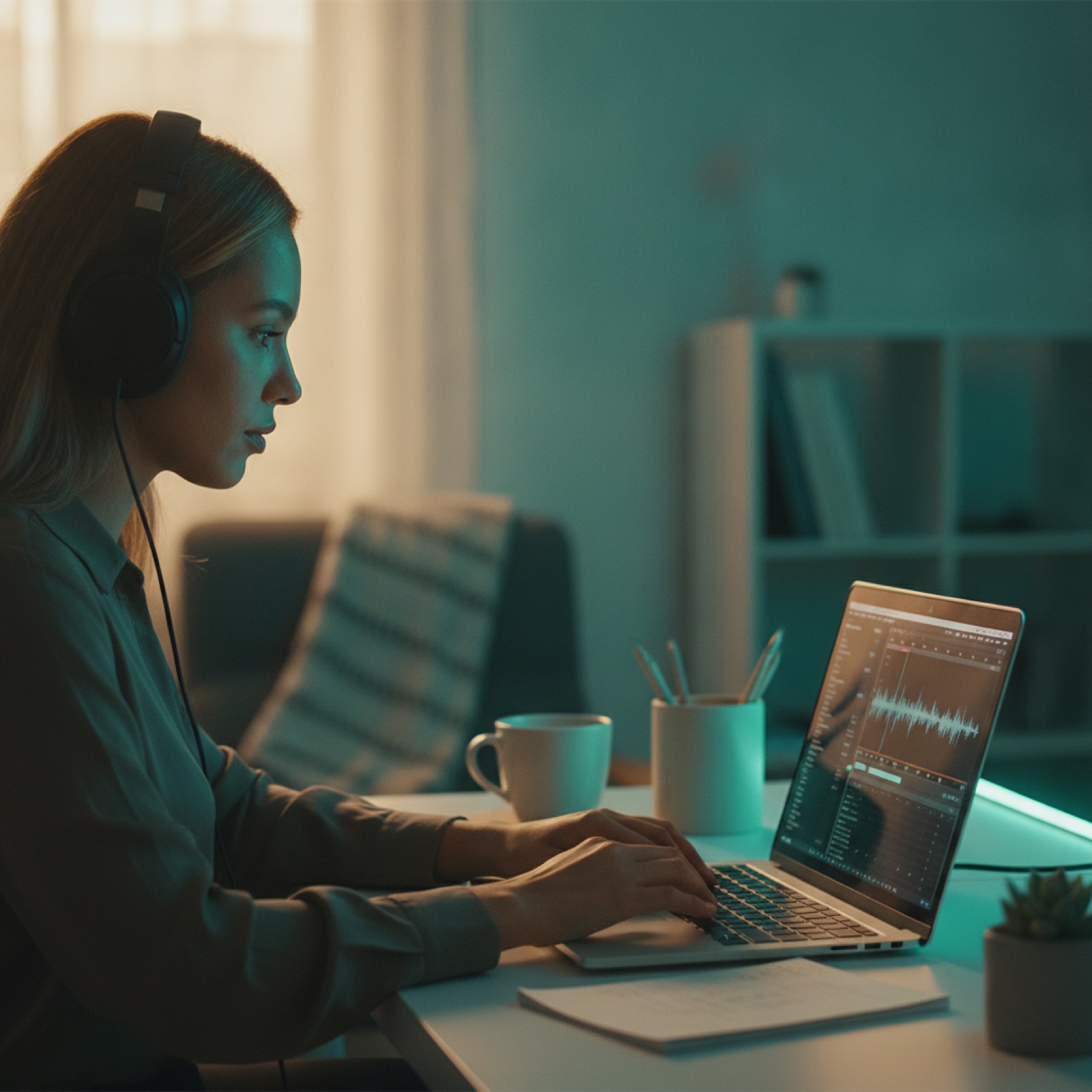 Person evaluating AI-generated speech and audio with waveforms on screen