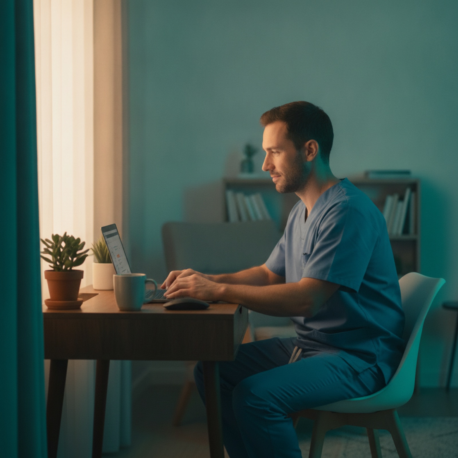 Nurse transitioning into remote medical AI review work on a laptop