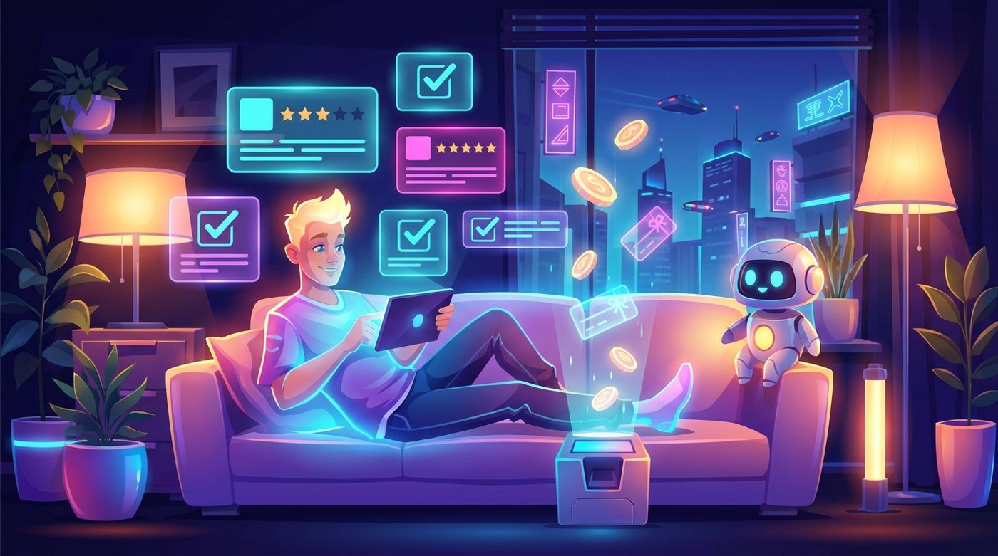 Person on a sofa answering survey questions on a tablet while reward tokens float upward