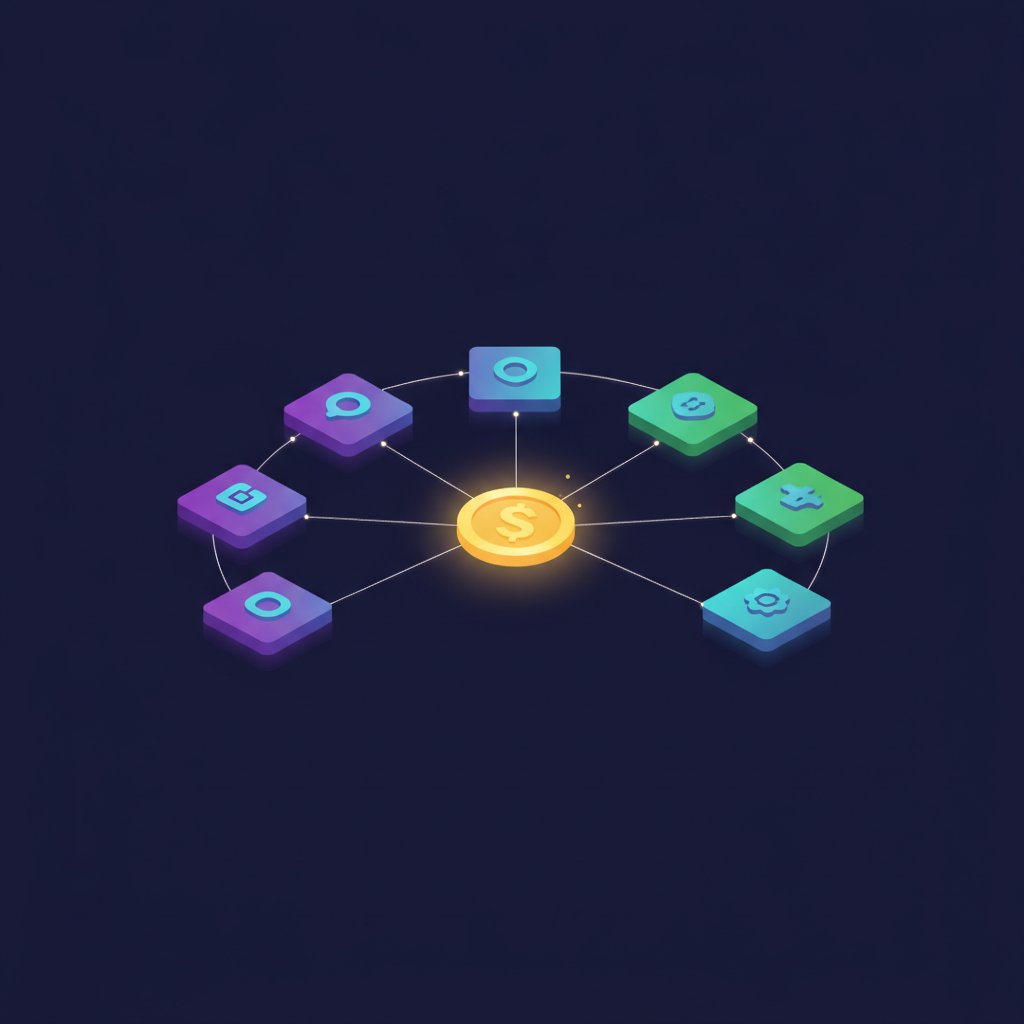 Seven ways to make money with AI shown as floating tiles