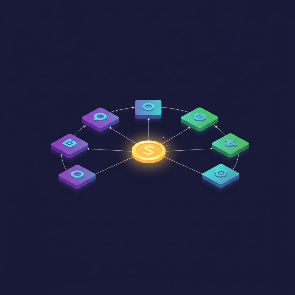 Seven ways to make money with AI shown as floating tiles