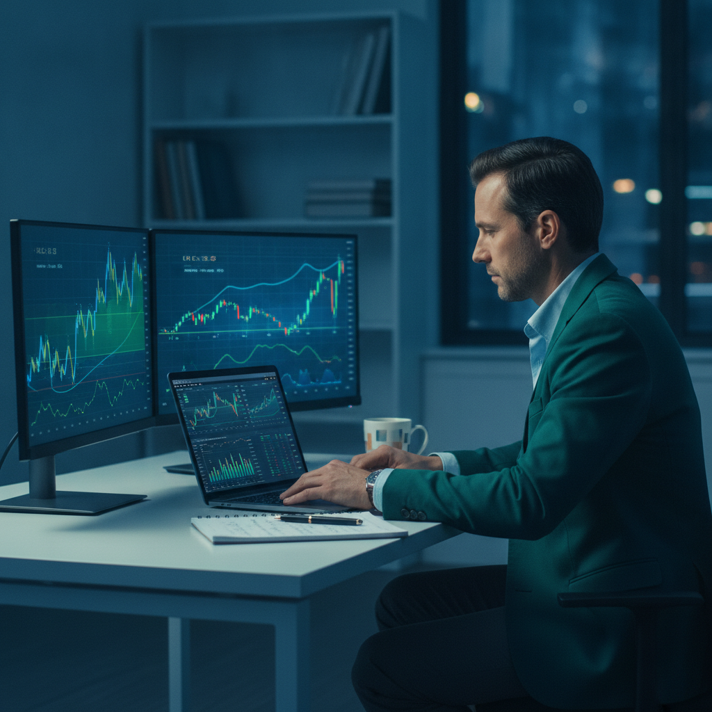 Finance professional evaluating an AI model's financial analysis on a laptop at home