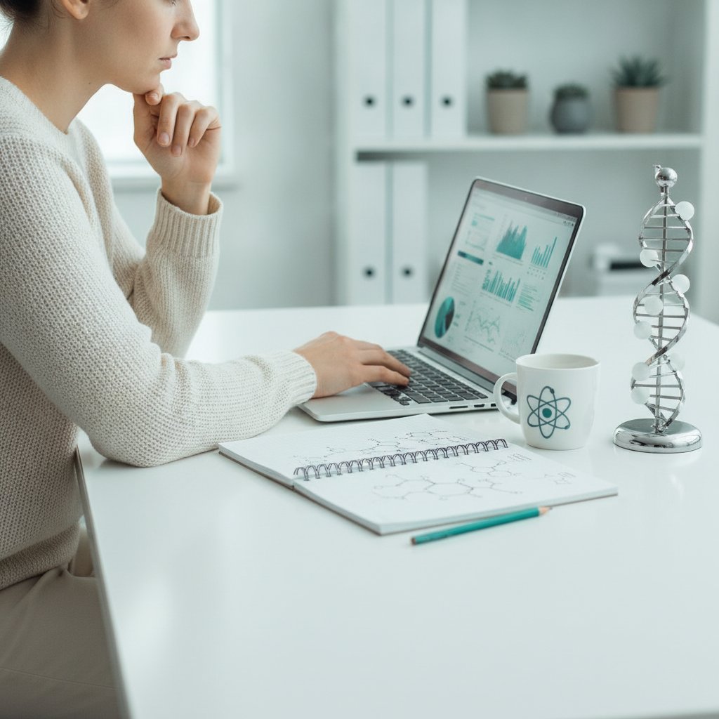 Research scientist evaluating an AI model's scientific answers on a laptop at home