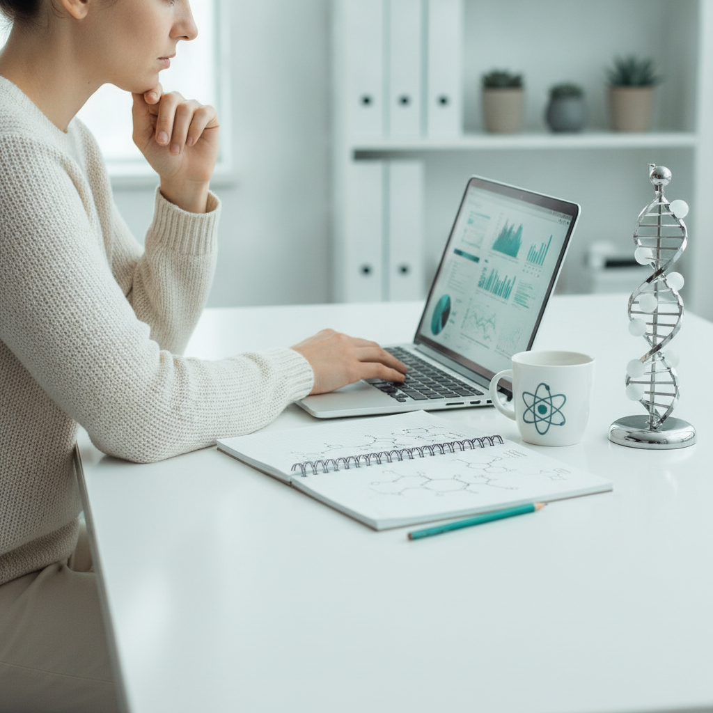 Research scientist evaluating an AI model's scientific answers on a laptop at home