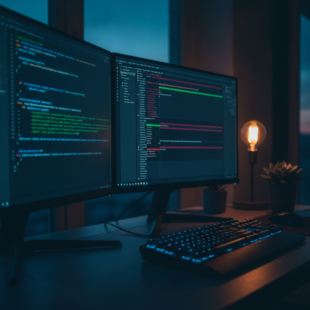 Software engineer reviewing and grading AI-generated code on a laptop at home