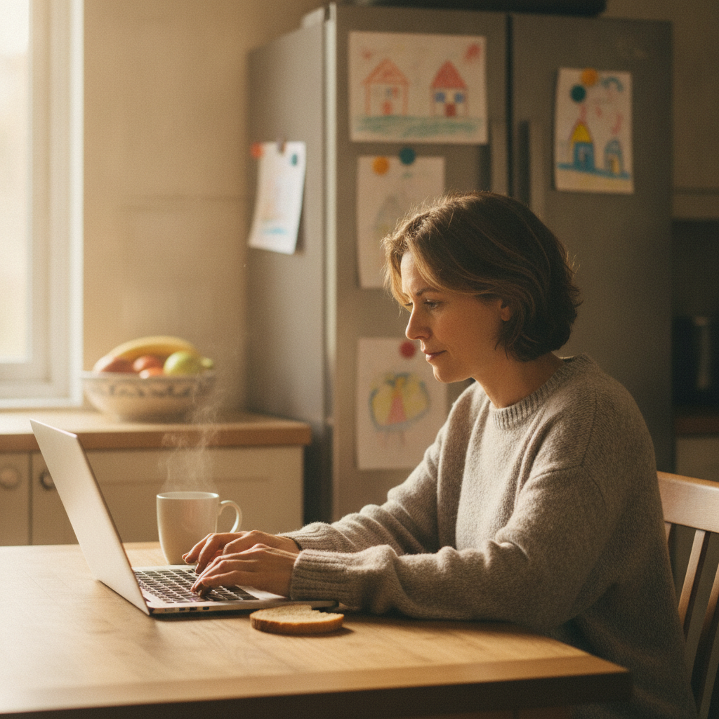 Stay-at-home parent doing flexible remote AI work on a laptop at the kitchen table