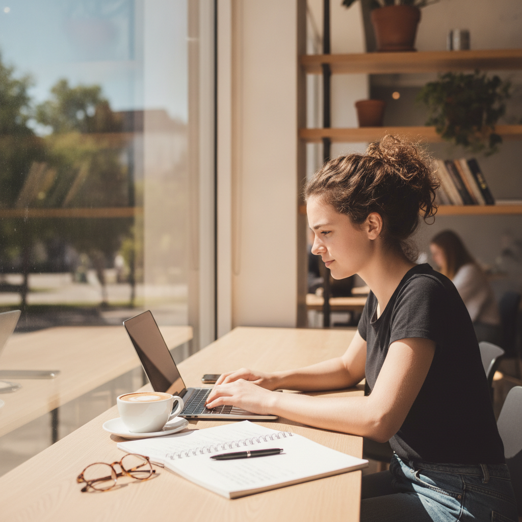 College student doing flexible remote AI work on a laptop between classes