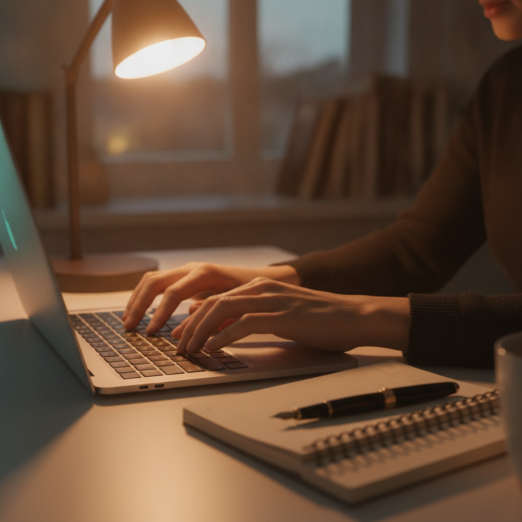 Professional writer evaluating and rewriting AI-generated text on a laptop at home