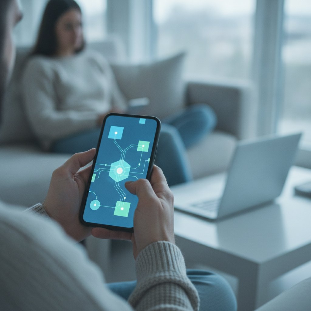 Person completing a paid AI task on a smartphone while sitting on a sofa