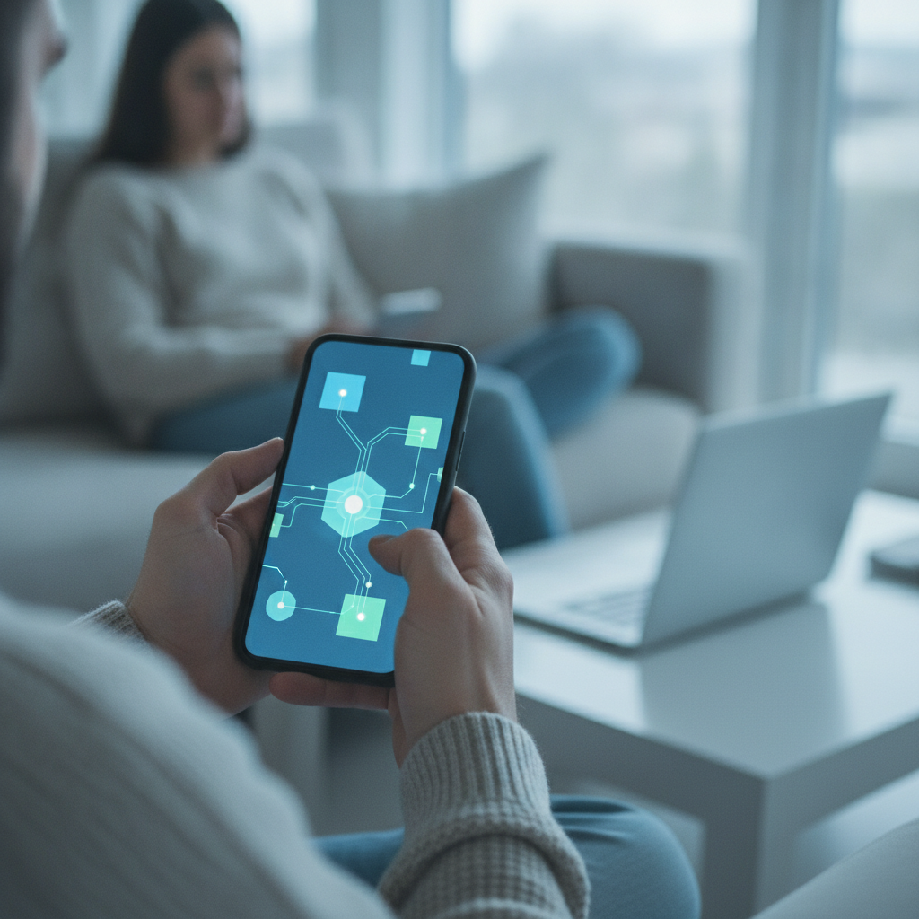 Person completing a paid AI task on a smartphone while sitting on a sofa