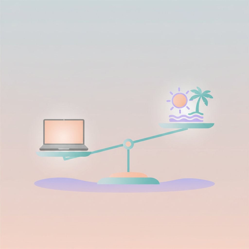 A balanced scale of work and life with a laptop and leisure icon