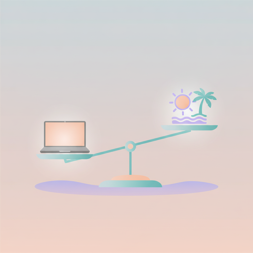 A balanced scale of work and life with a laptop and leisure icon