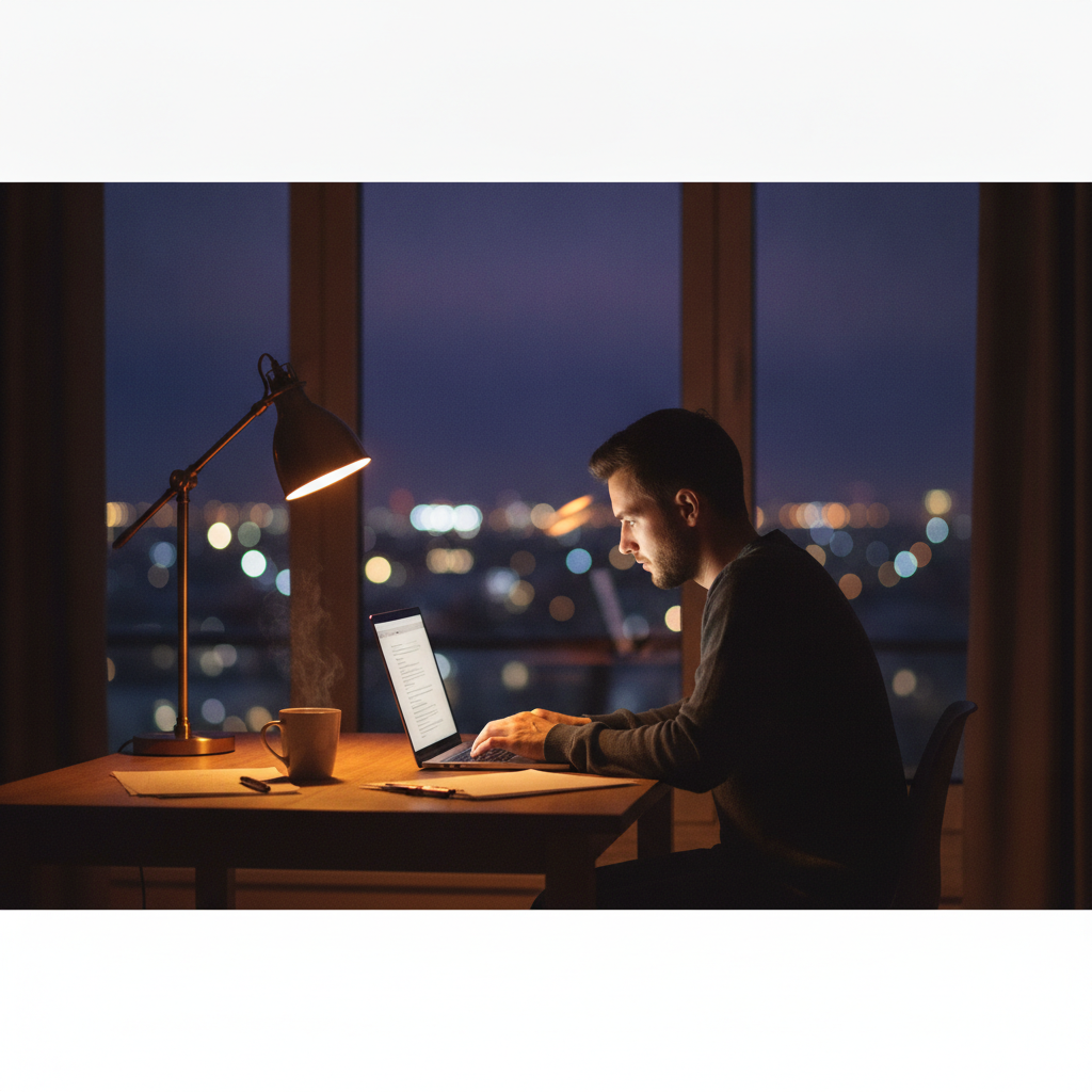 Night owl working on a glowing laptop late at night at home
