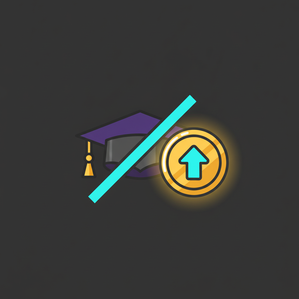 High pay without a degree shown as a crossed-out cap beside a rising coin