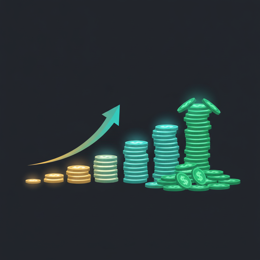 A rising staircase of glowing coin stacks showing earning tiers