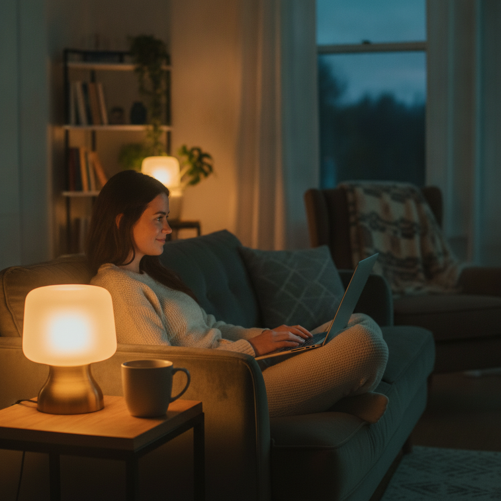 Person doing flexible part-time AI work on a laptop on a couch in the evening