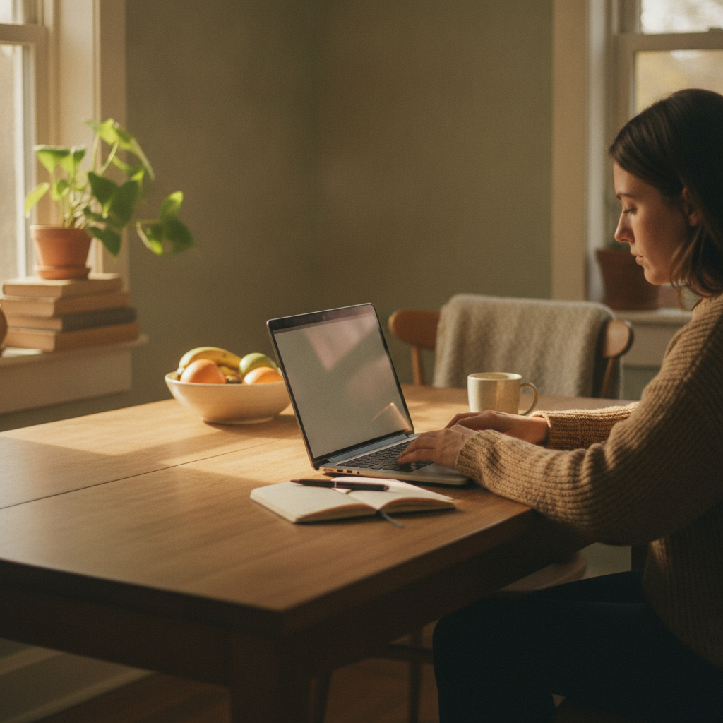 Person working a flexible stay-at-home job on a laptop at the kitchen table