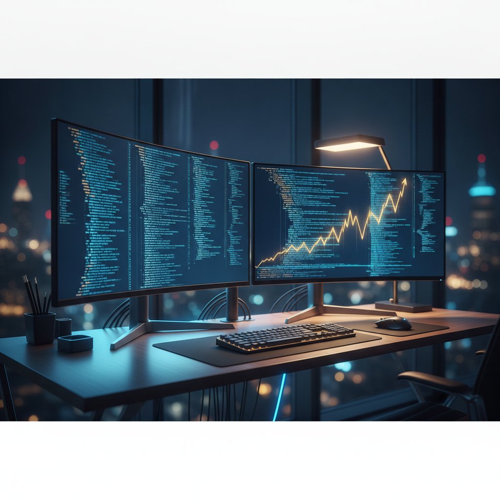 Dual-monitor coding setup at night with an abstract earnings sparkline