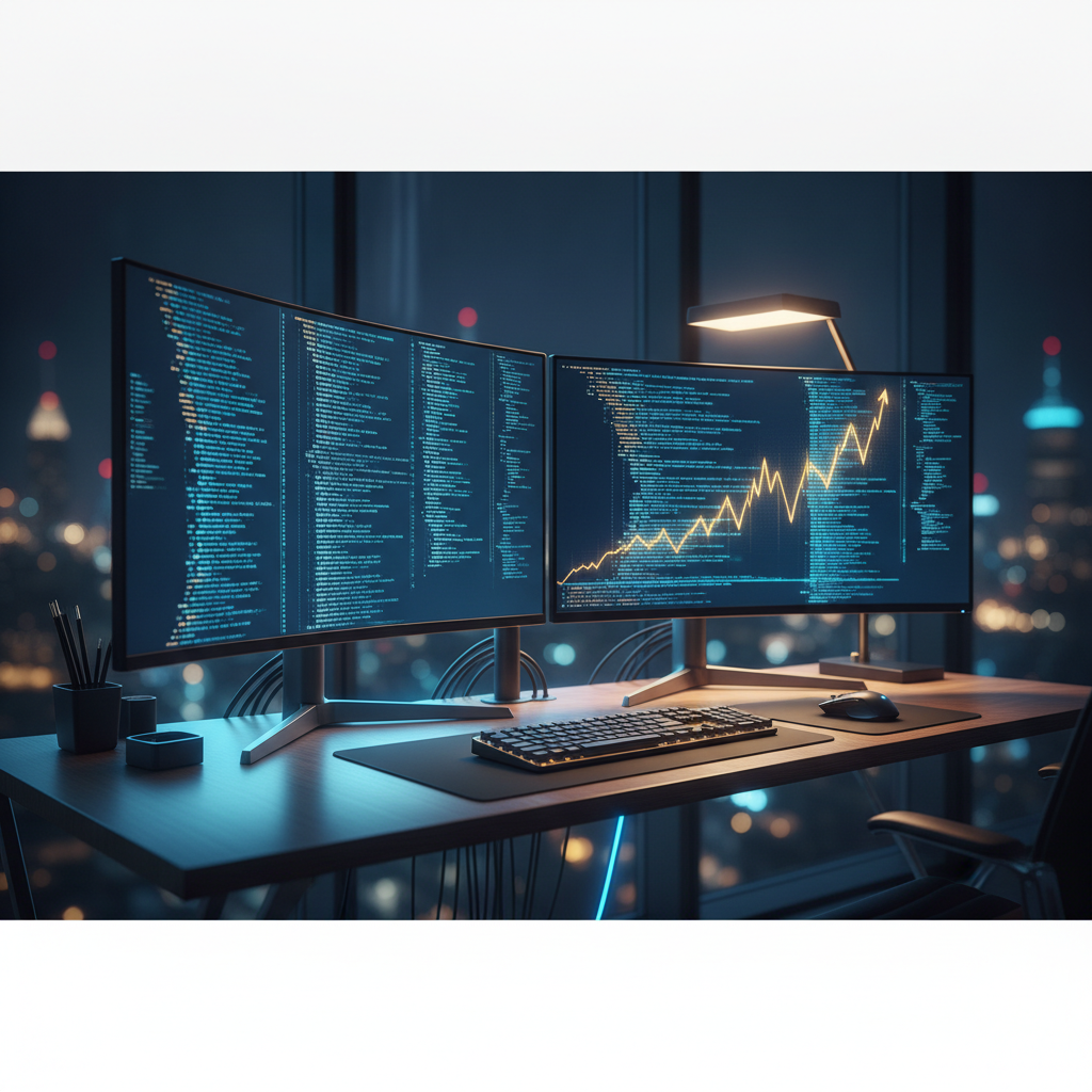 Dual-monitor coding setup at night with an abstract earnings sparkline