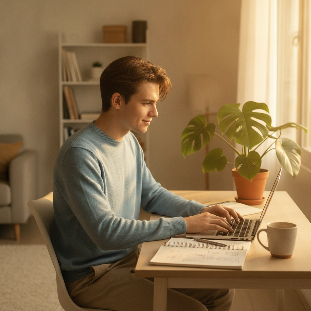 Recent college graduate working on a laptop at a sunlit apartment desk
