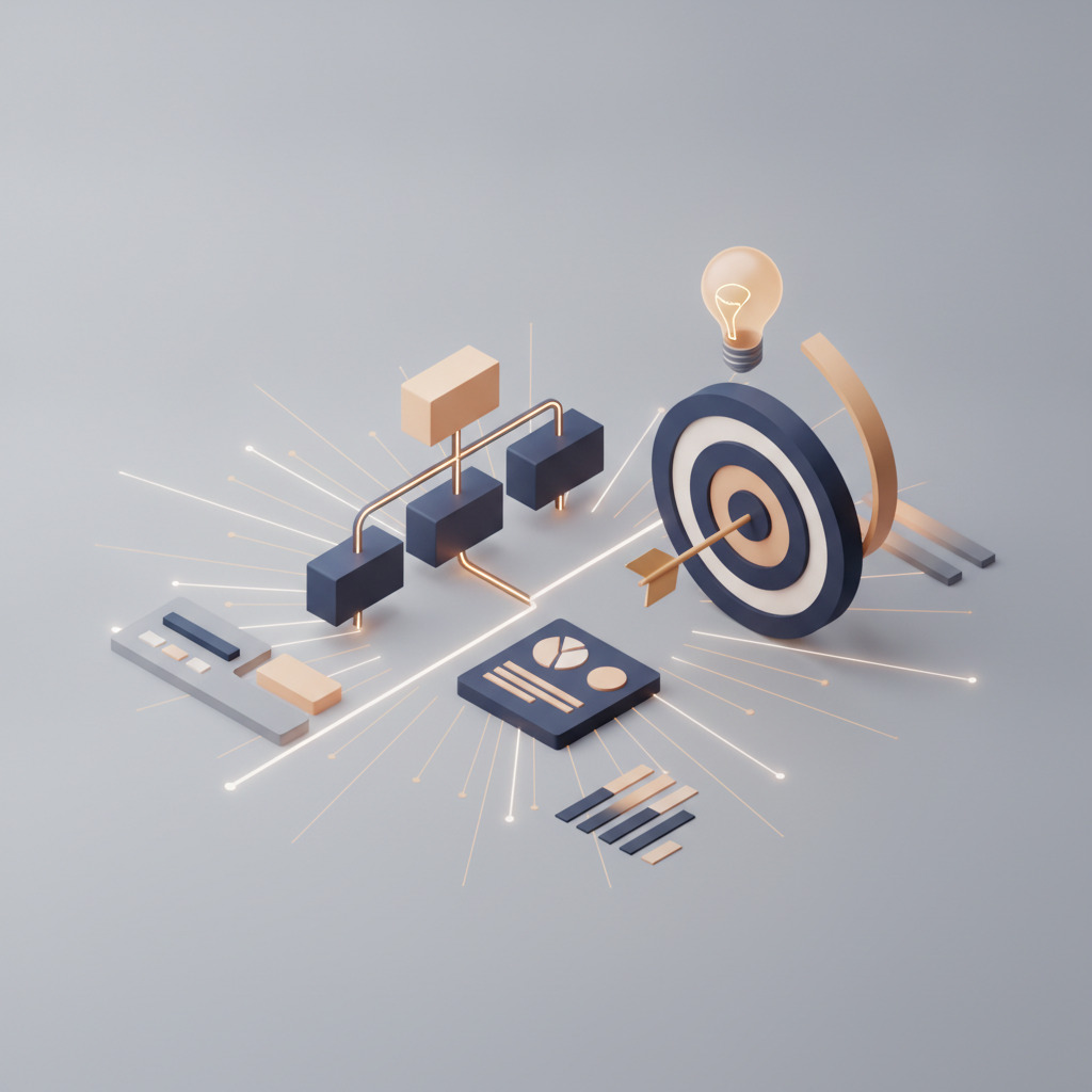 Strategy dashboard with a decision tree, target and lightbulb