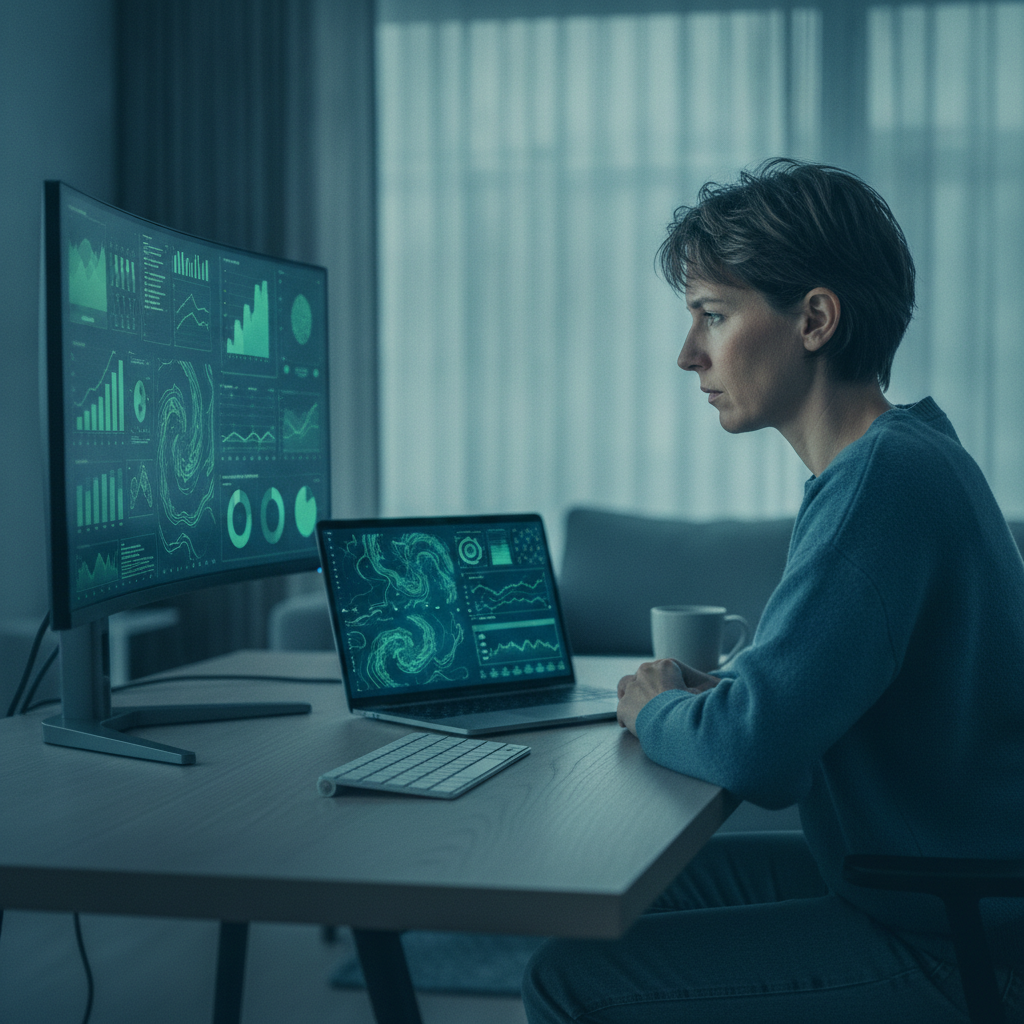 Data analyst comparing AI job options on a laptop with charts
