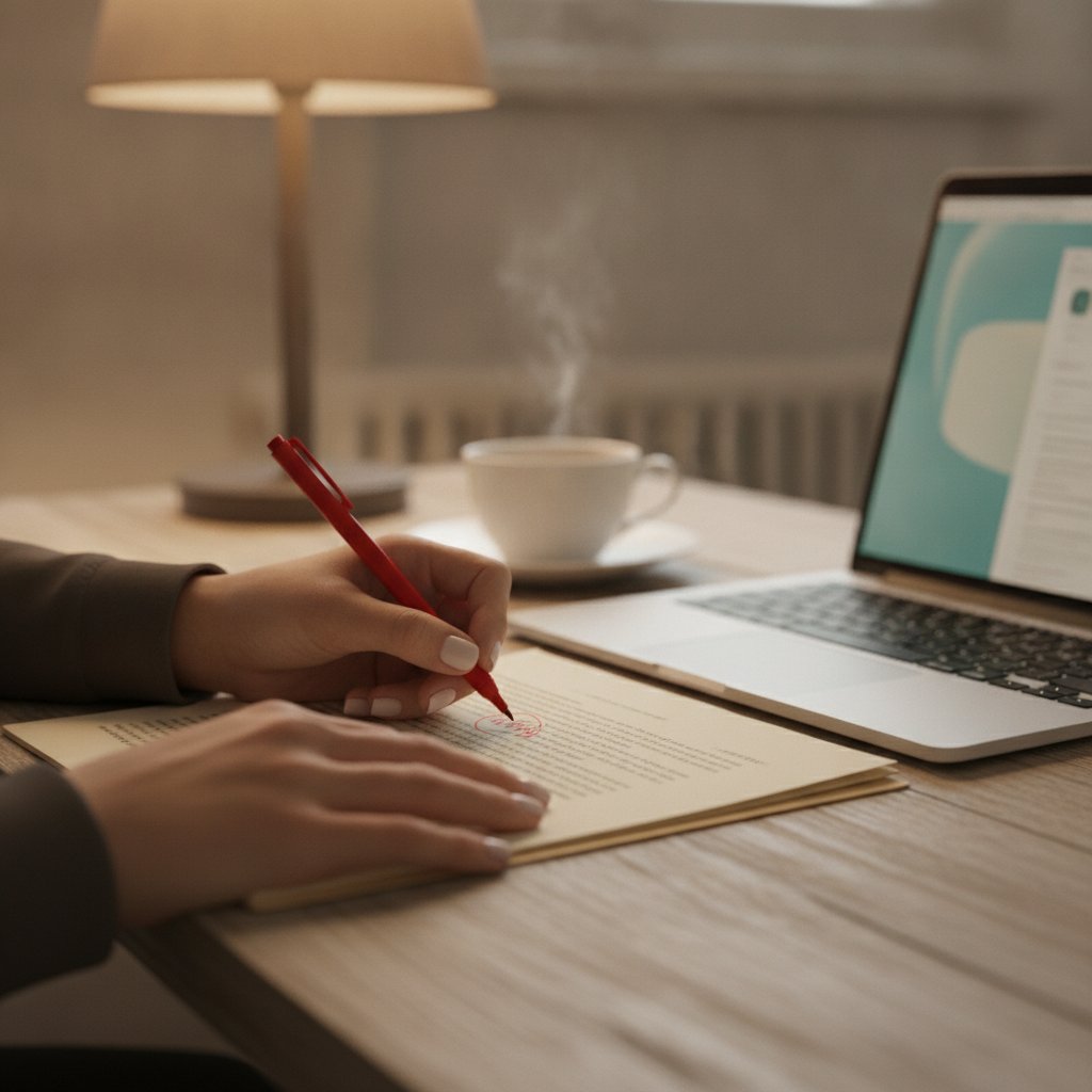 Editor marking up a printed manuscript beside a laptop