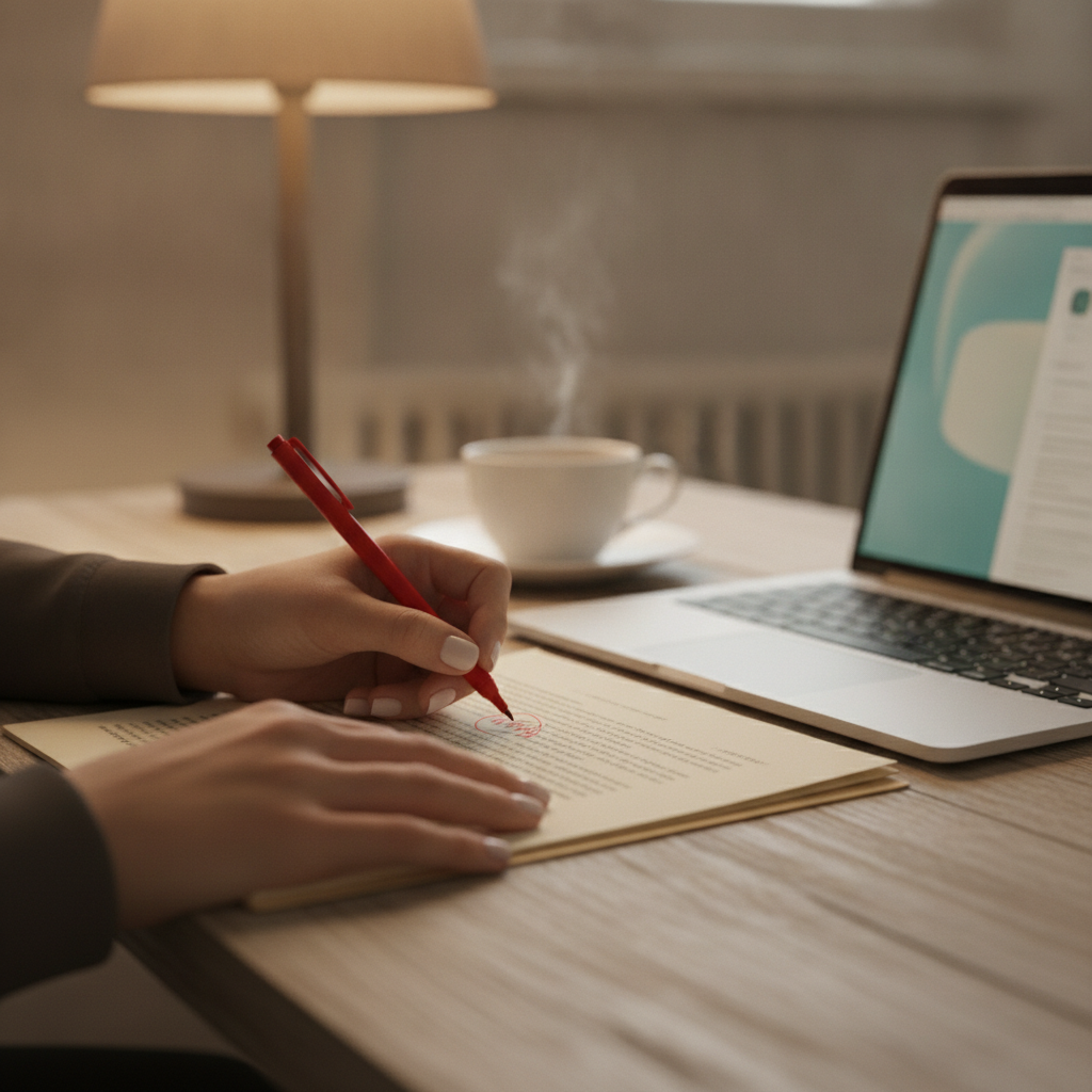 Editor marking up a printed manuscript beside a laptop