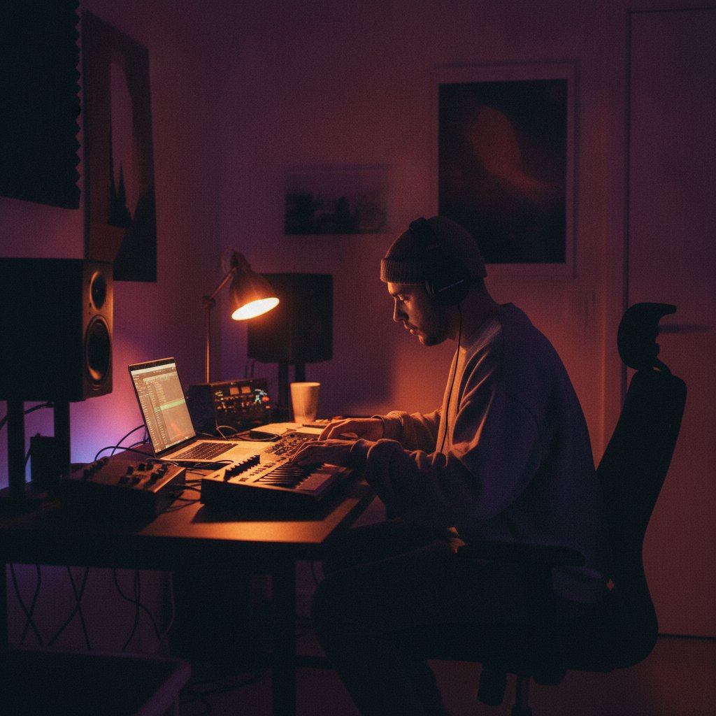 Musician working at a home studio desk with headphones and a laptop