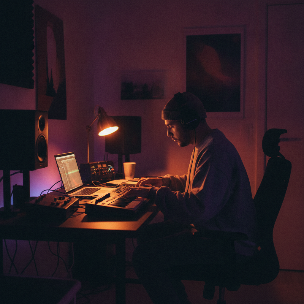 Musician working at a home studio desk with headphones and a laptop