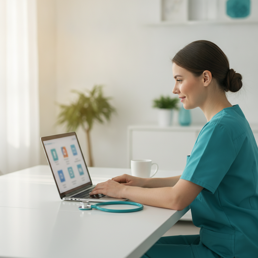 Nurse comparing the best remote AI jobs on a laptop