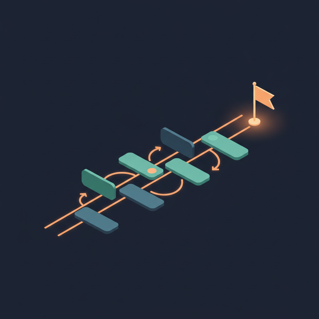 Project timeline with connected task cards and dependency arrows