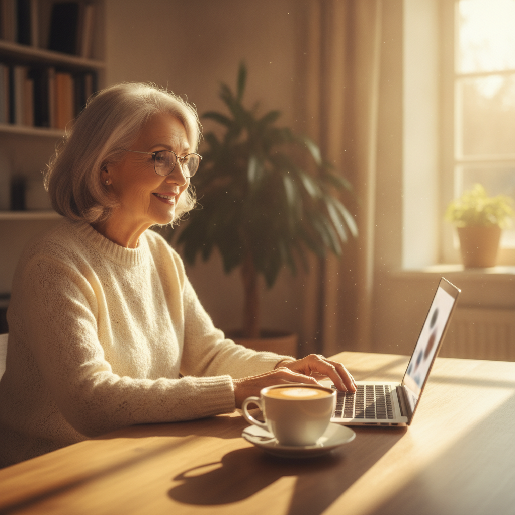 Retiree comfortably working a flexible AI job on a laptop at home