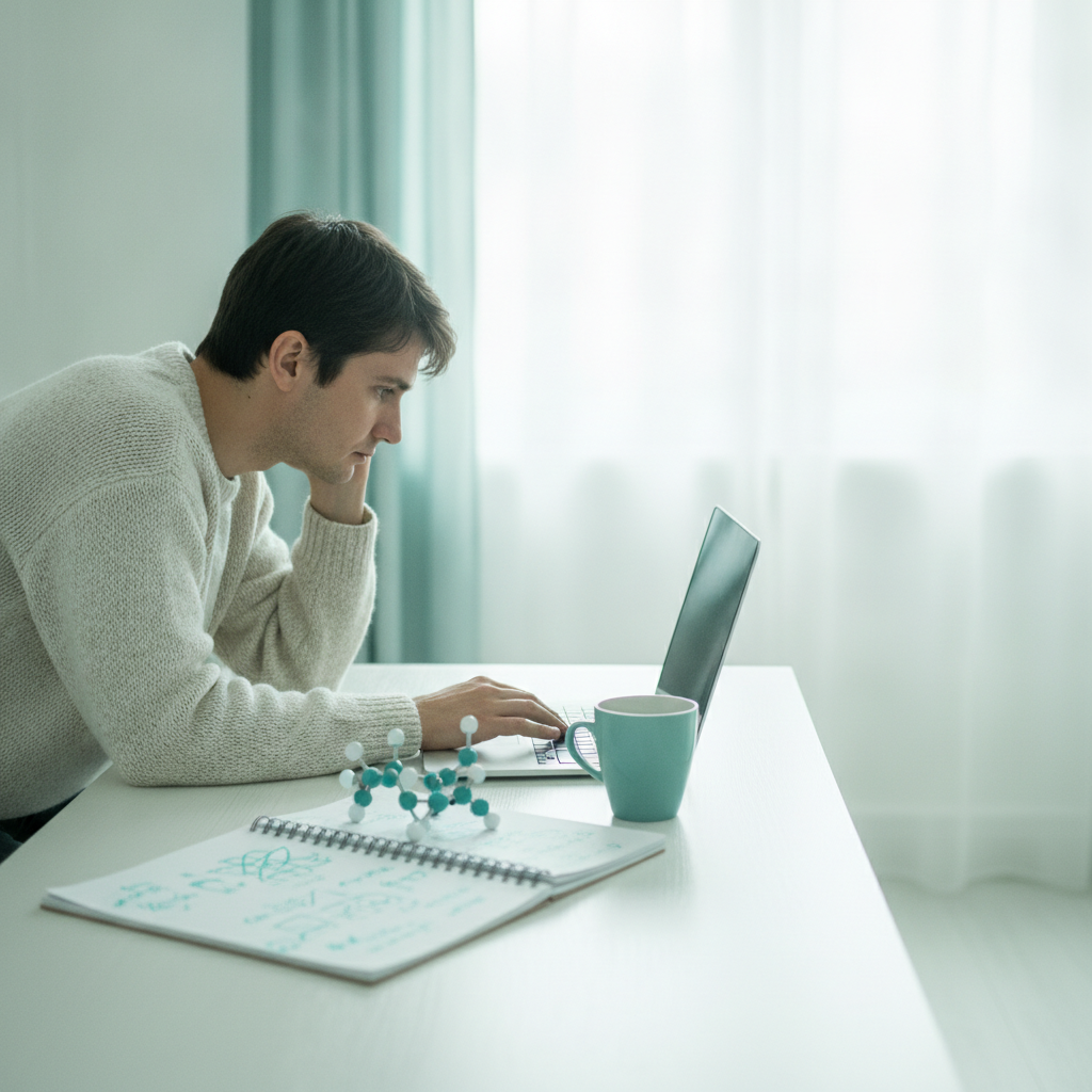 Scientist reviewing data on a laptop at a home desk