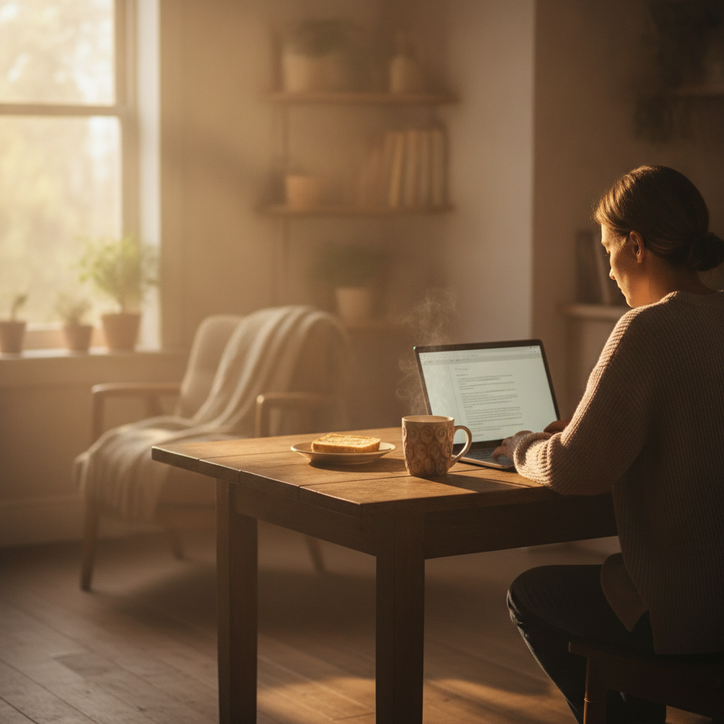 Parent working a flexible AI job on a laptop at the kitchen table