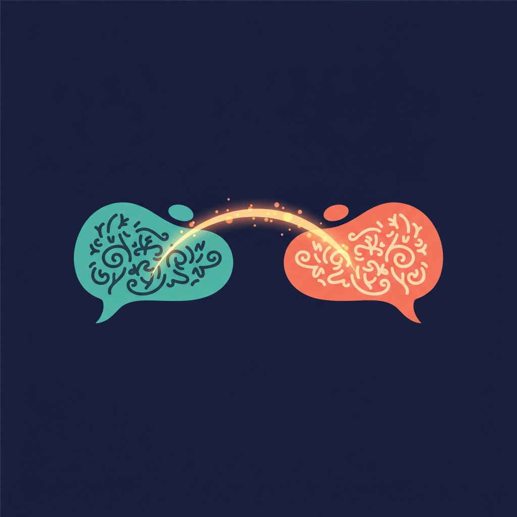 Two speech bubbles in different scripts connected by a glowing bridge
