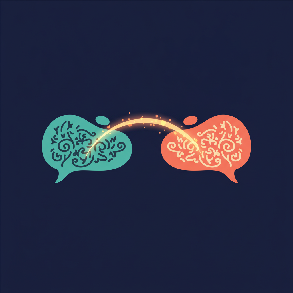Two speech bubbles in different scripts connected by a glowing bridge