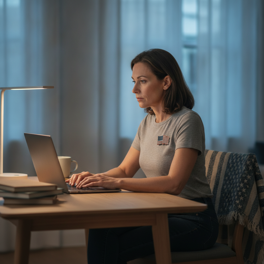 Military veteran working a remote AI job on a laptop at home