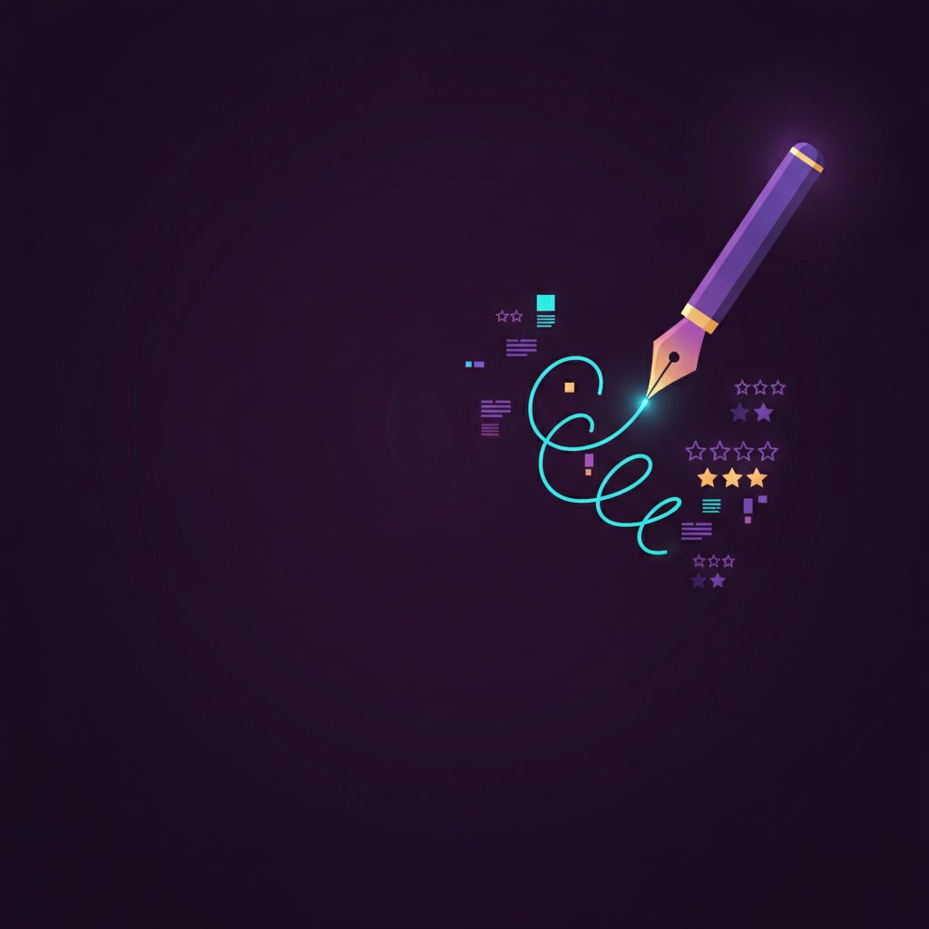 A glowing pen writing a line that becomes text and rating icons