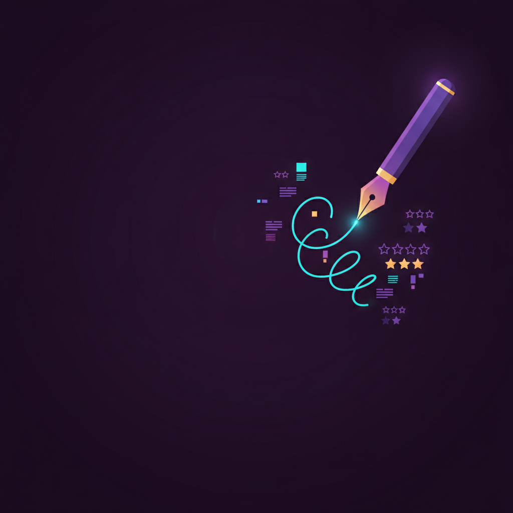 A glowing pen writing a line that becomes text and rating icons