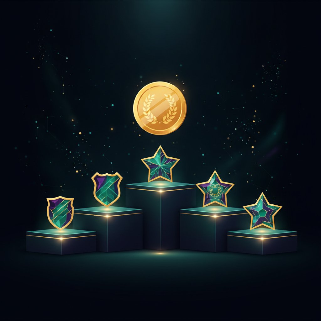 A podium of expert credential badges with a large coin above