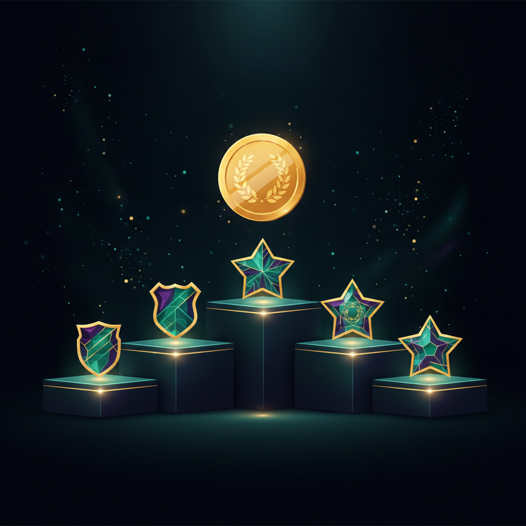 A podium of expert credential badges with a large coin above