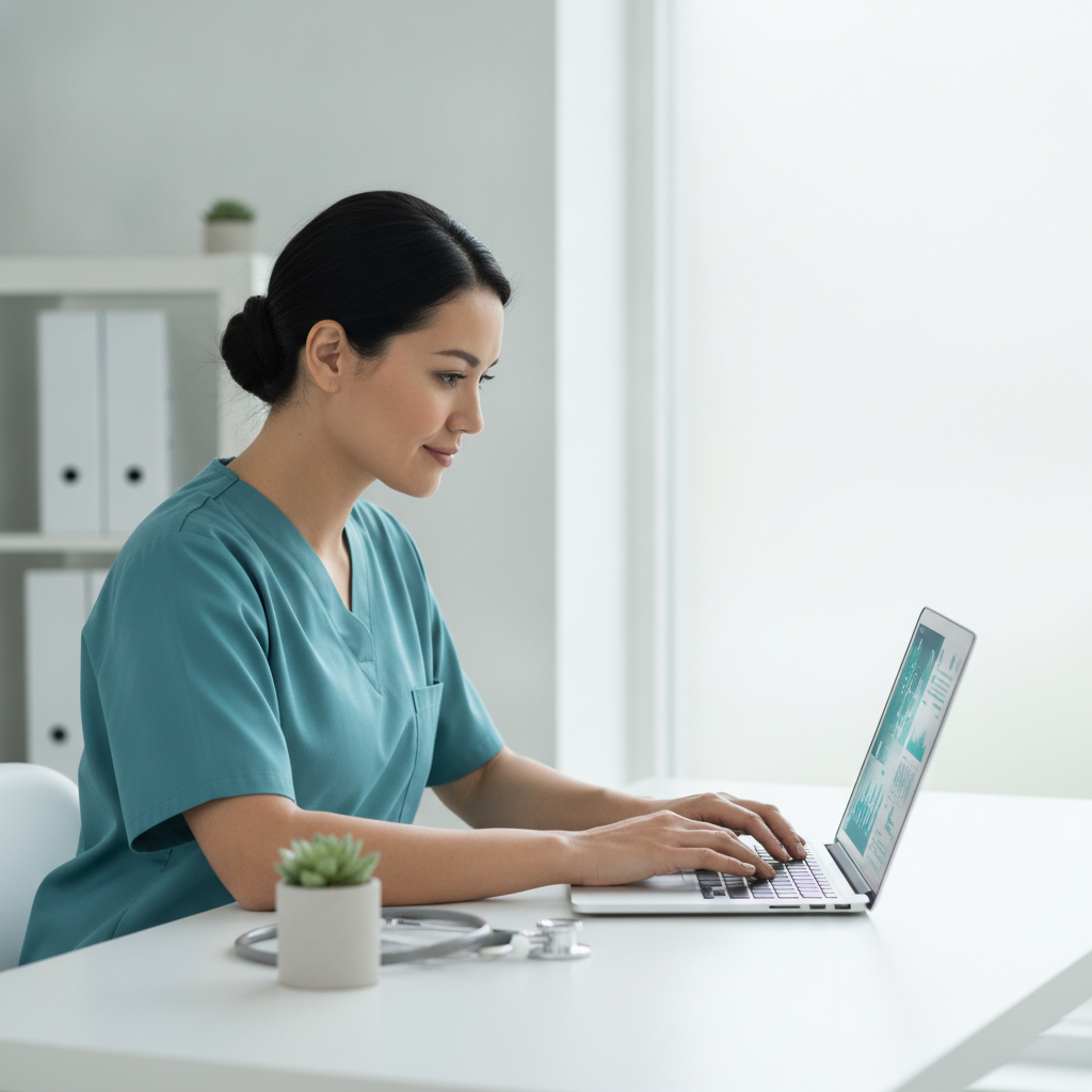 Clinician reviewing medical AI job options on a laptop