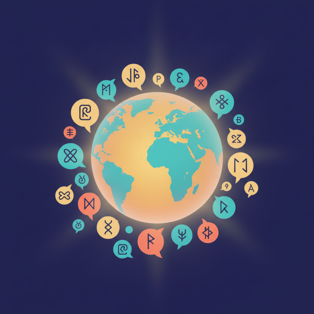 A glowing globe surrounded by speech bubbles in different scripts