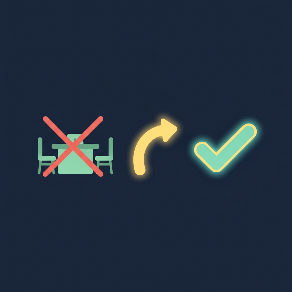 A crossed-out interview desk beside a fast-track arrow to a checkmark